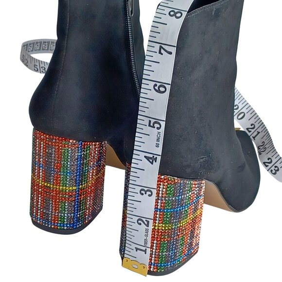 Black Suede Side Zip Pointed Toe Multi Color Rhinestone Block Heel Bootie SZ 7M - Picture 12 of 14